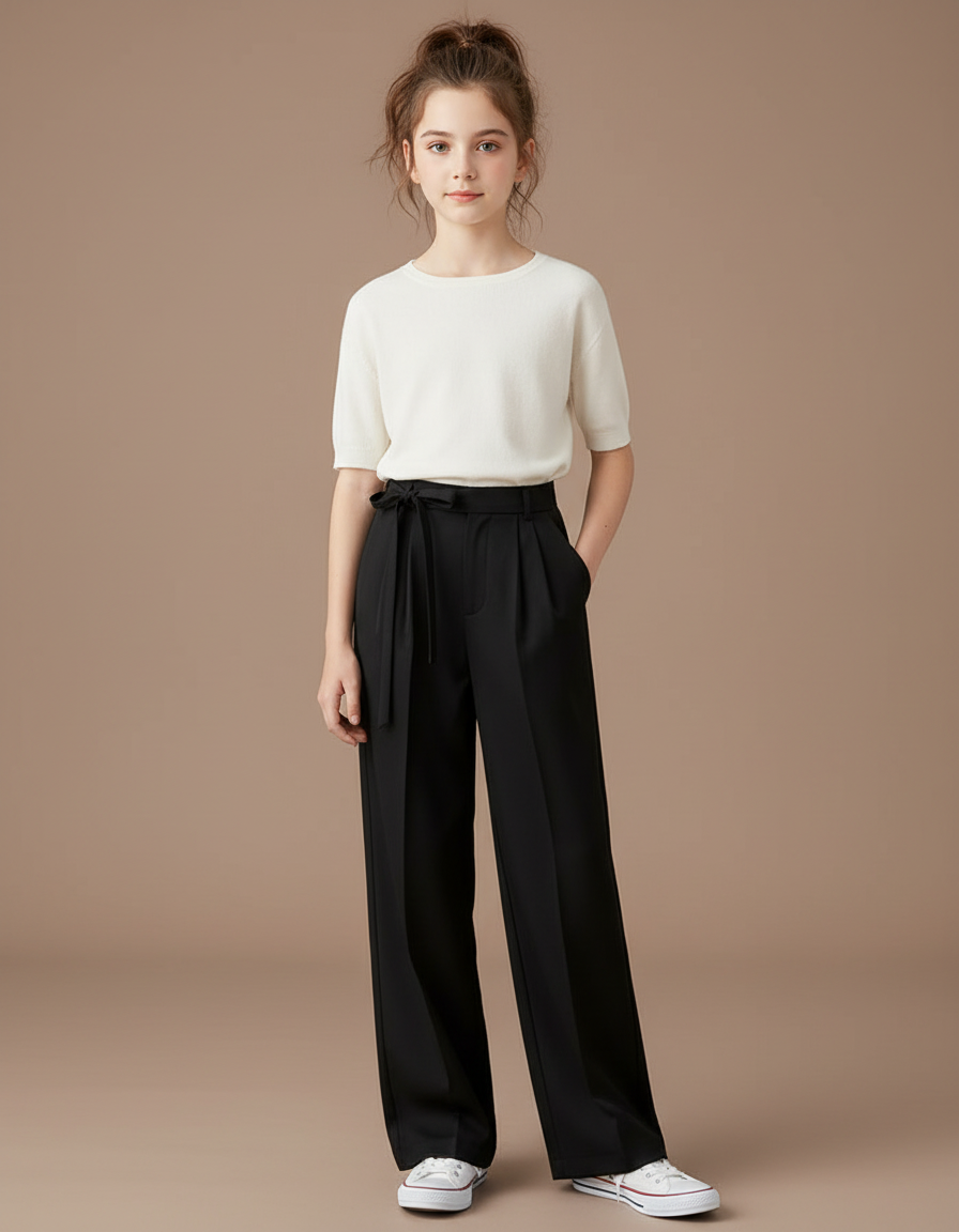 Pantalon Chino Noir Ample Fluide Cordon Élégant - Polyester