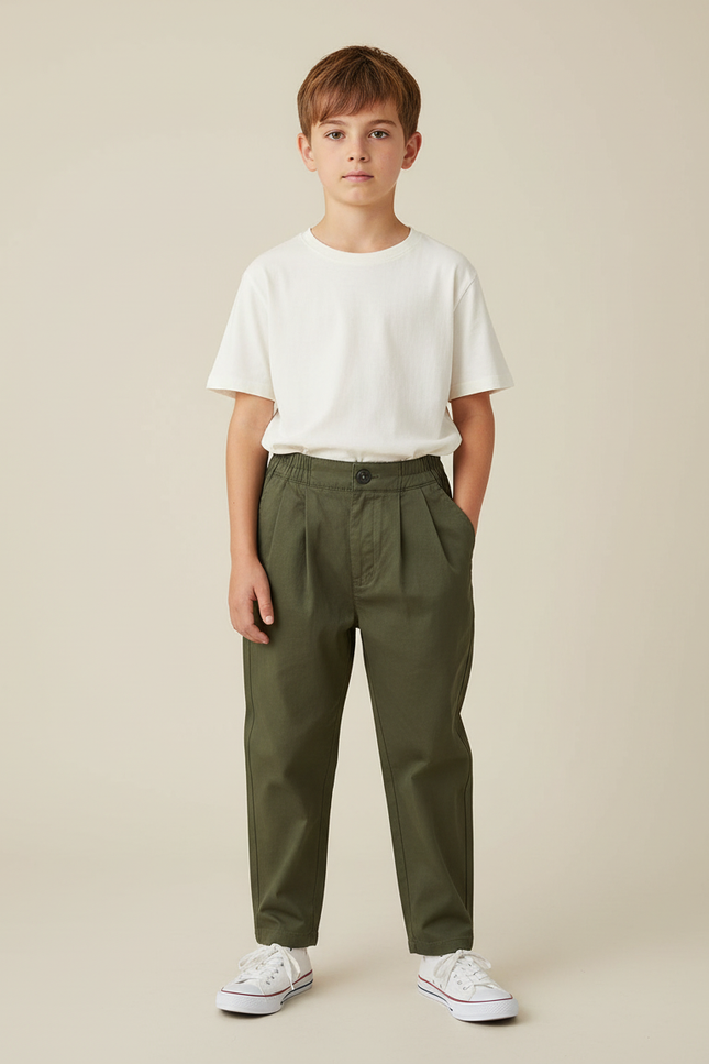 Pantalon Chino Vert Olive Ample Coton Enfant - Kaki