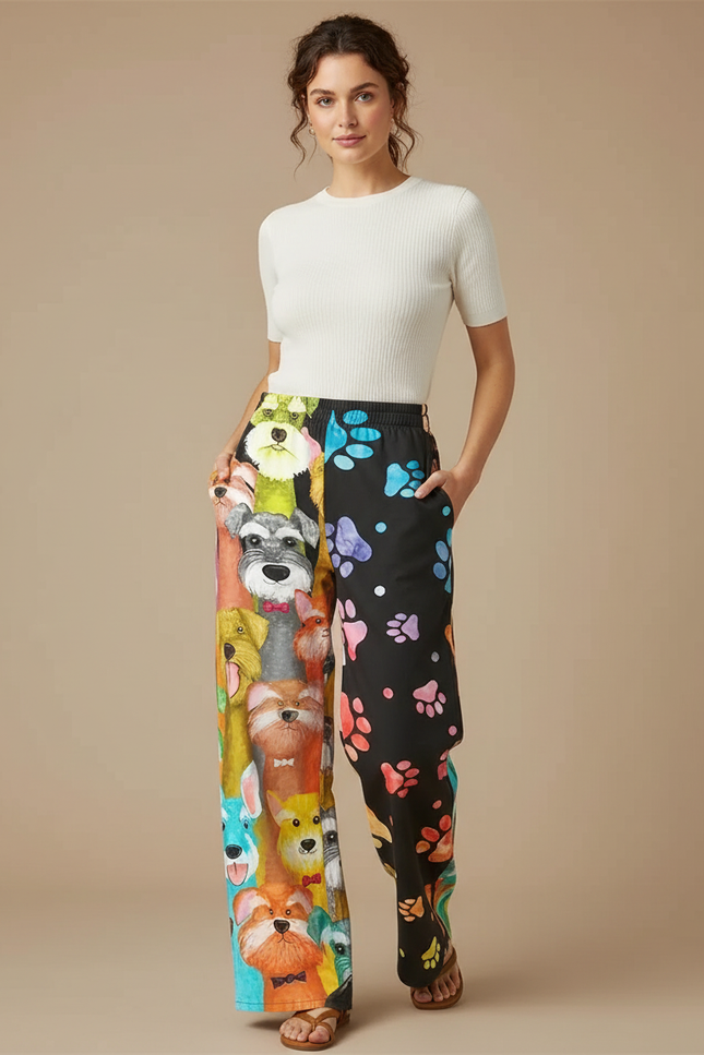 Pantalon Chino Large Imprimé Chiens Coloré Décontracté - Multicolore Polyester