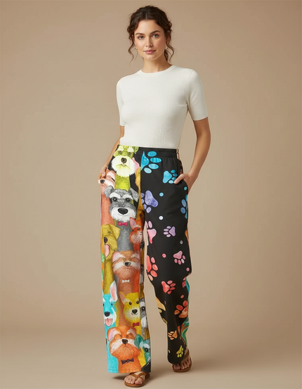 Pantalon Chino Large Imprimé Chiens Coloré Décontracté - Multicolore Polyester