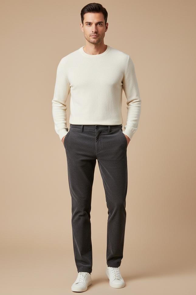 Pantalon Chino Gris Côtelé Slim Homme Décontracté - Cordé