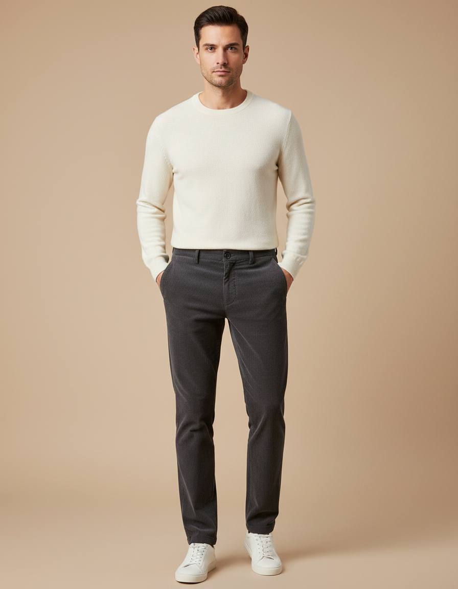 Pantalon Chino Gris Côtelé Slim Homme Décontracté - Cordé