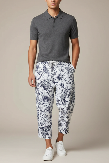 Pantalon Chino Lin Coton Imprimé Floral Ample