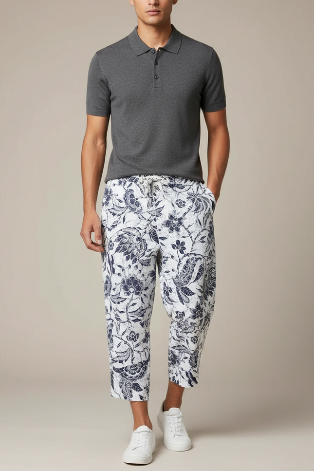 Pantalon Chino Lin Coton Imprimé Floral Ample