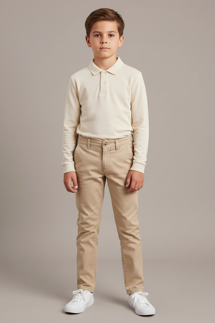 Pantalon Chino Beige Coton Slim Garçon Élégant