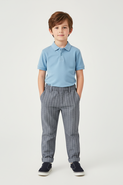 Pantalon Chino Garçon Gris Rayé Élégant Décontracté - Laine