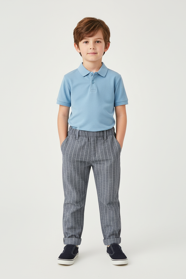 Pantalon Chino Garçon Gris Rayé Élégant Décontracté - Laine
