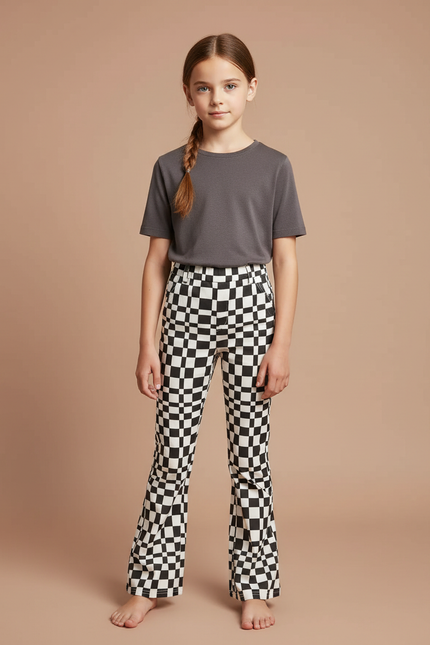 Pantalon Chino Carreaux Noir Blanc Évasé Fille - Multicolore Maille