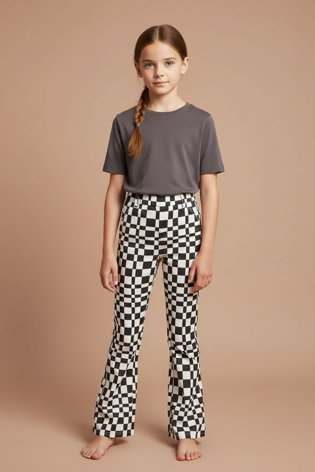 Pantalon Chino Carreaux Noir Blanc Évasé Fille - Multicolore Maille