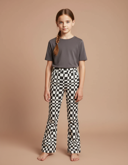 Pantalon Chino Carreaux Noir Blanc Évasé Fille - Multicolore Maille