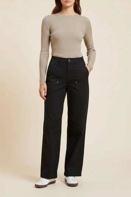 Pantalon Chino Noir Ample Décontracté Femme - Gabardine