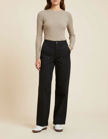 Pantalon Chino Noir Ample Décontracté Femme - Gabardine