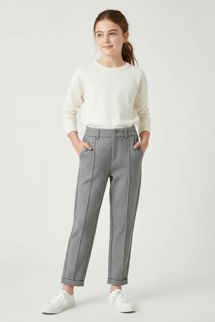 Pantalon Chino Gris Chiné Droit Élégant Fille - Tweed