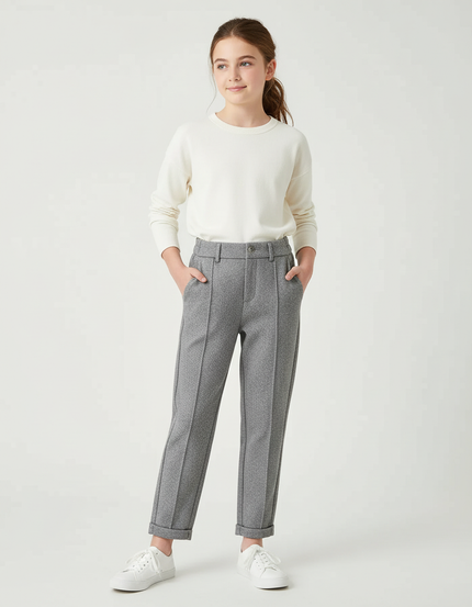 Pantalon Chino Gris Chiné Droit Élégant Fille - Tweed