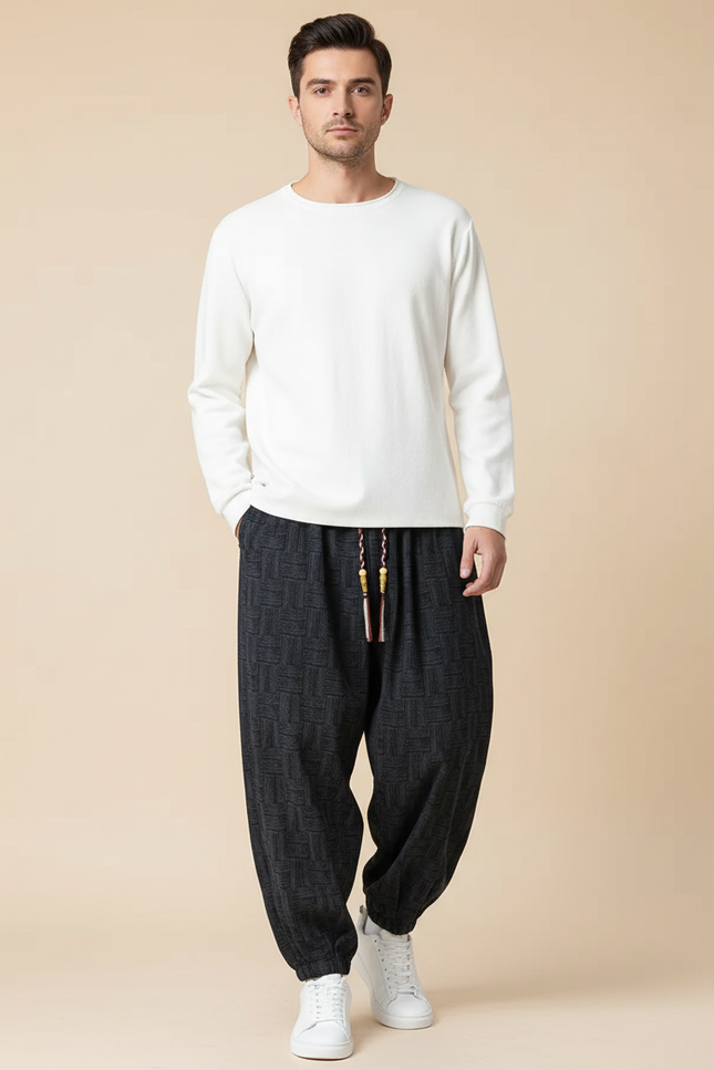 Pantalon Chino Noir Ample Ethnique Motif Géométrique - Molleton