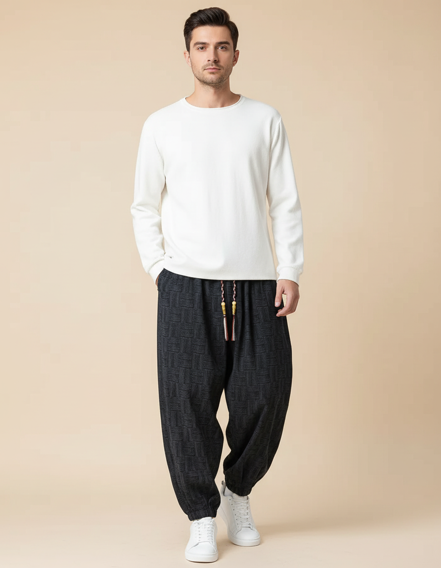 Pantalon Chino Noir Ample Ethnique Motif Géométrique - Molleton