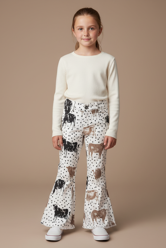 Pantalon Chino Blanc Évasé Motif Vache Enfant - Coton