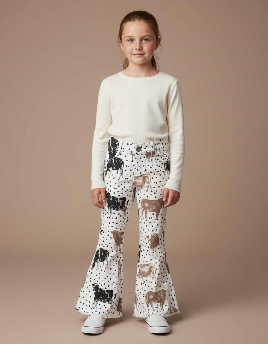 Pantalon Chino Blanc Évasé Motif Vache Enfant - Coton