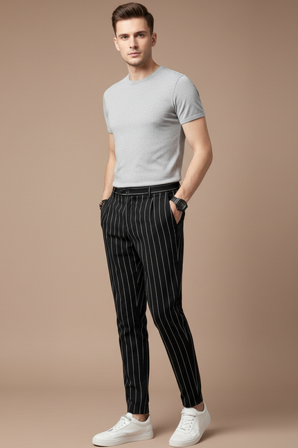 Pantalon Chino Noir Rayé Slim Coton Élégant Homme