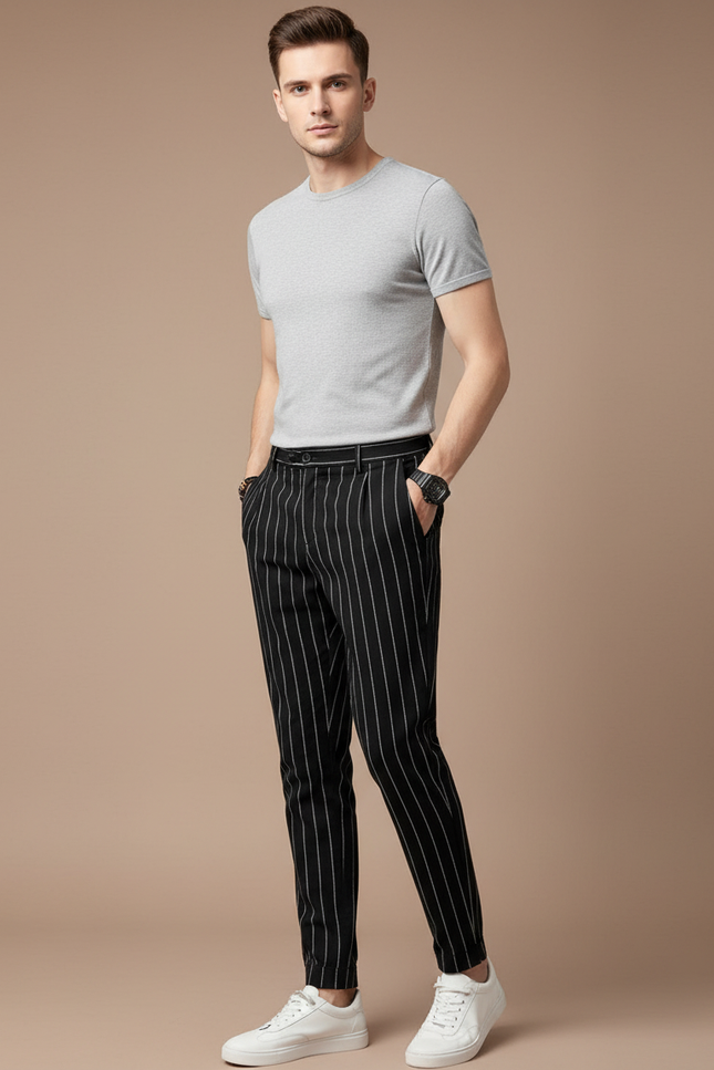 Pantalon Chino Noir Rayé Slim Coton Élégant Homme