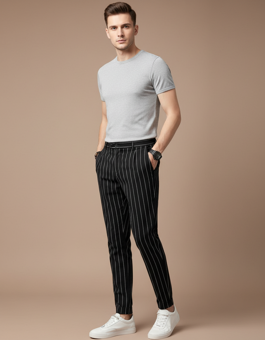 Pantalon Chino Noir Rayé Slim Coton Élégant Homme