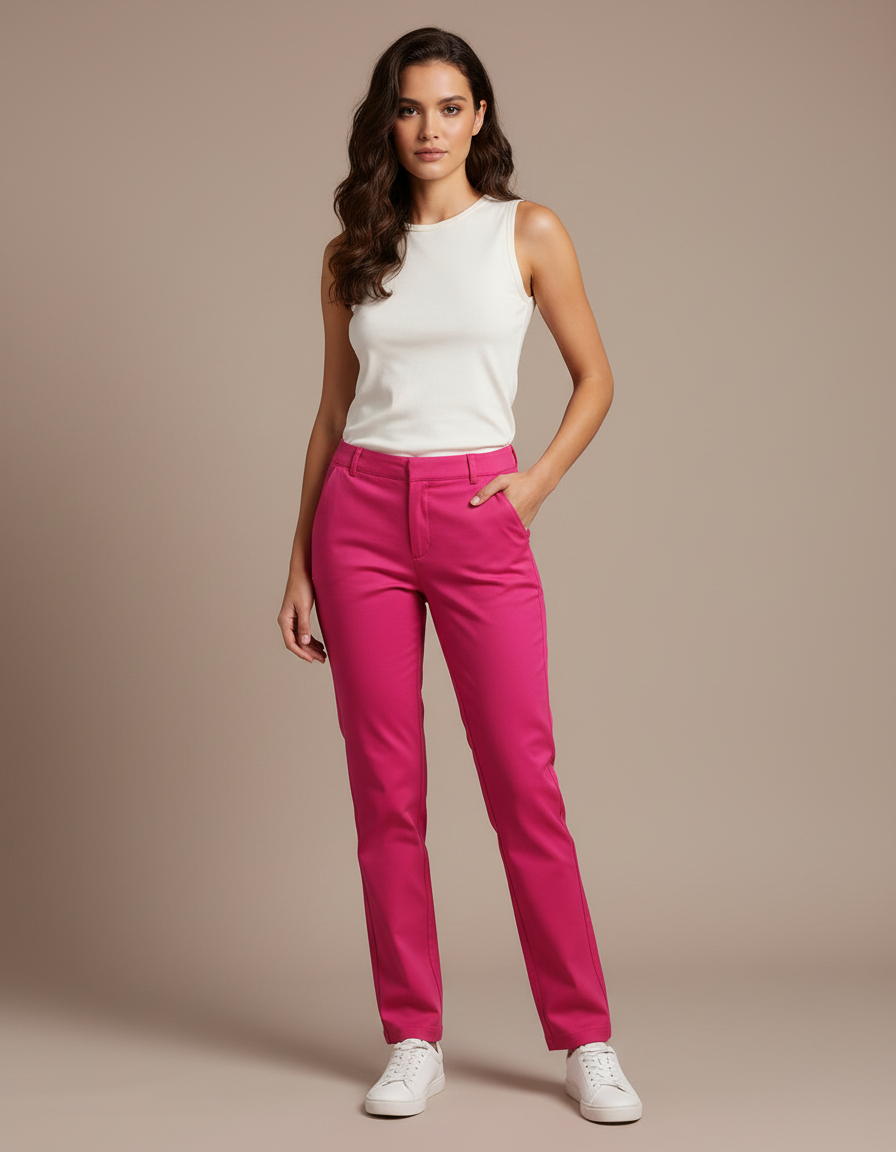 Pantalon Chino Fuchsia Slim Coton Élégant Femme - Rose