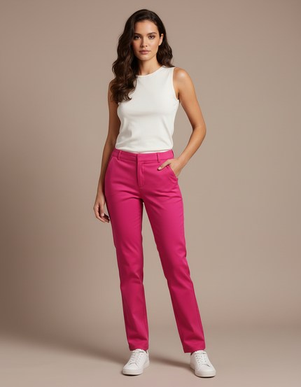 Pantalon Chino Fuchsia Slim Coton Élégant Femme - Rose