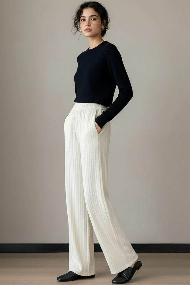Pantalon Chino Écru Côtelé Ample Femme Élégant - Blanc Cordé