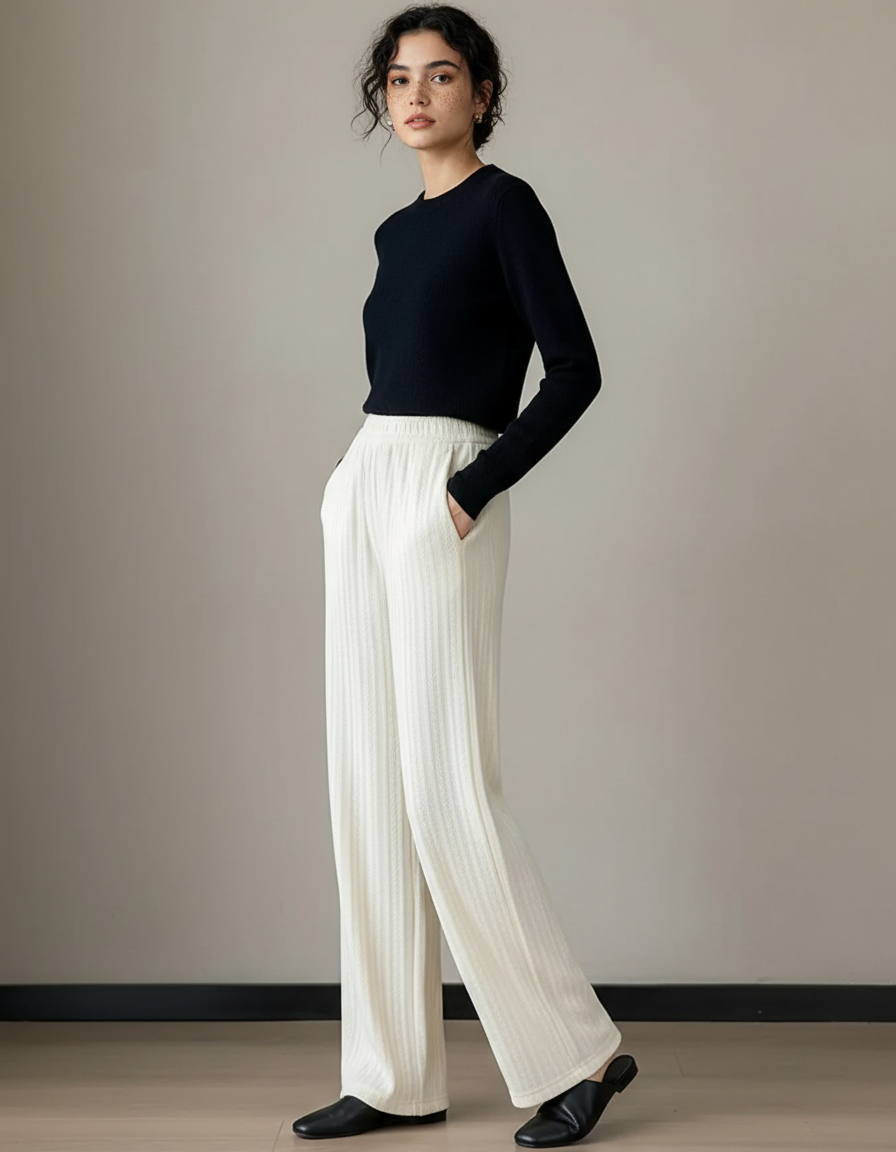 Pantalon Chino Écru Côtelé Ample Femme Élégant - Blanc Cordé