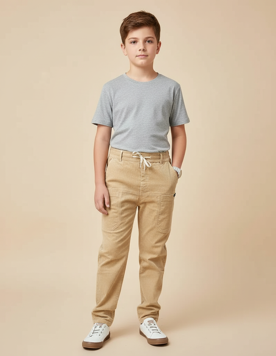 Pantalon Chino Beige Côtelé Ample Enfant Décontracté - Cordé