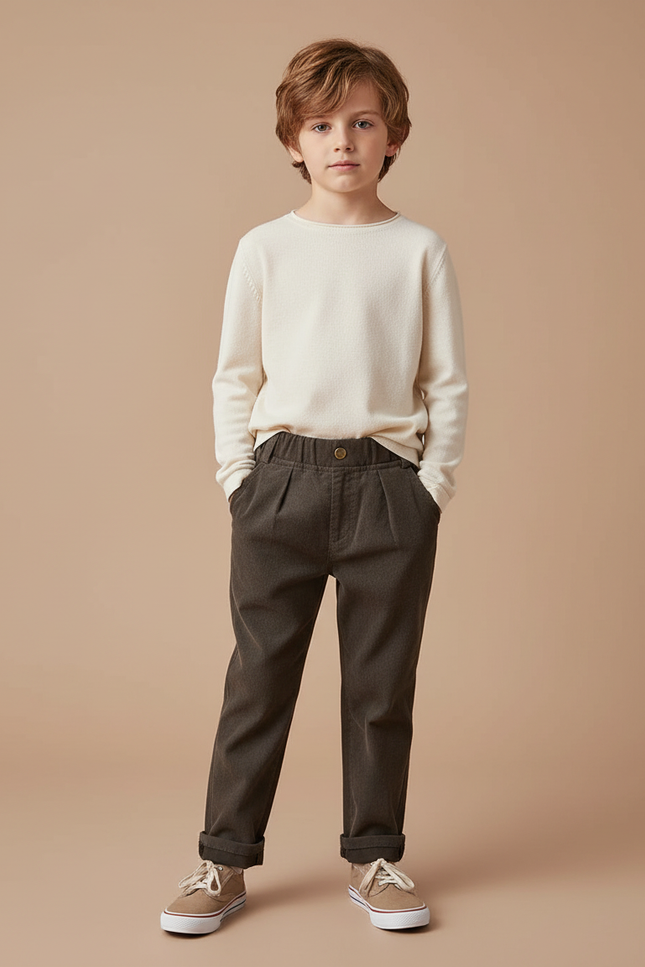 Pantalon Chino Marron Côtelé Plissé Décontracté Enfant - Cordé