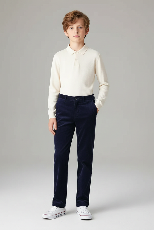 Pantalon Chino Bleu Marine Côtelé Droit Enfant - Cordé