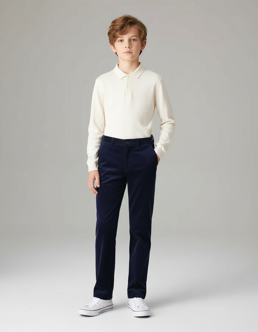 Pantalon Chino Bleu Marine Côtelé Droit Enfant - Cordé