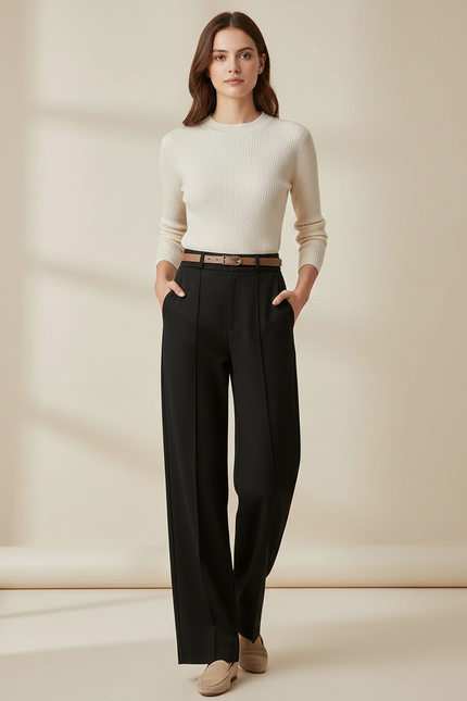 Pantalon Chino Noir Ample Droit Élégant Femme - Gabardine