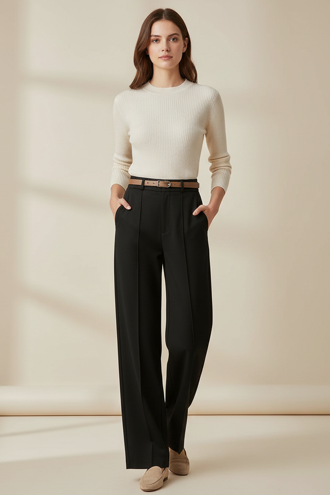 Pantalon Chino Noir Ample Droit Élégant Femme - Gabardine