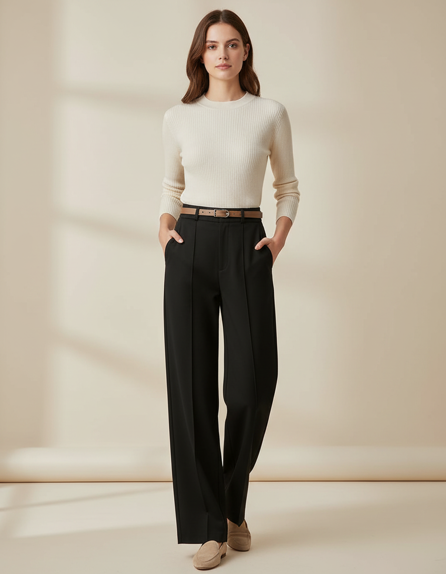 Pantalon Chino Noir Ample Droit Élégant Femme - Gabardine