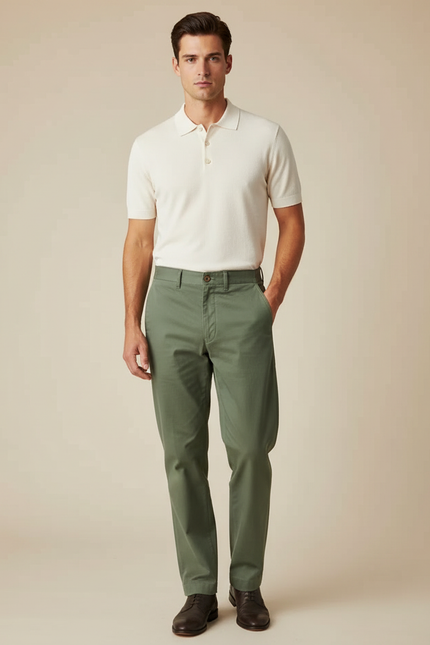 Pantalon Chino Vert Olive Coton Coupe Droite Homme - Kaki