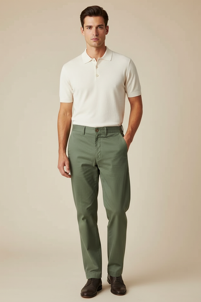 Pantalon Chino Vert Olive Coton Coupe Droite Homme - Kaki