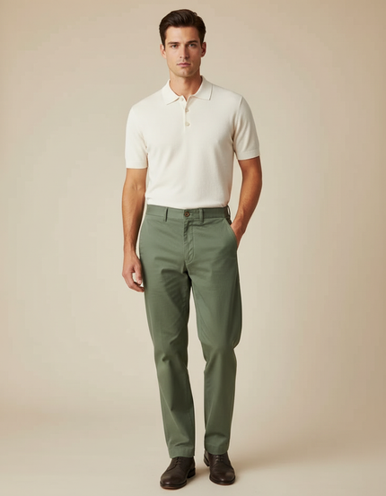 Pantalon Chino Vert Olive Coton Coupe Droite Homme - Kaki