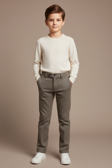 Pantalon Chino Marron Slim Enfant Laine Décontracté - Tweed