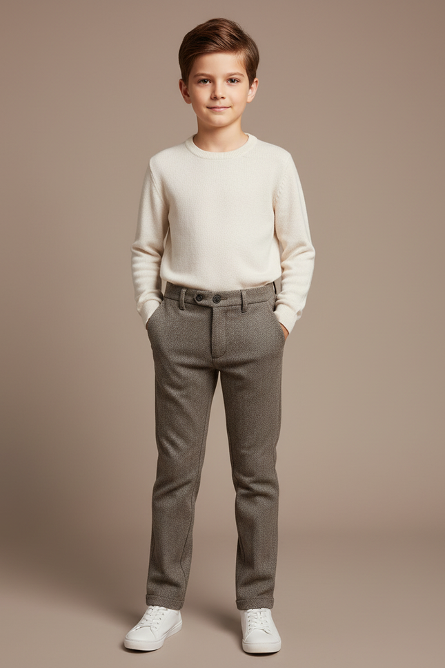 Pantalon Chino Marron Slim Enfant Laine Décontracté - Tweed