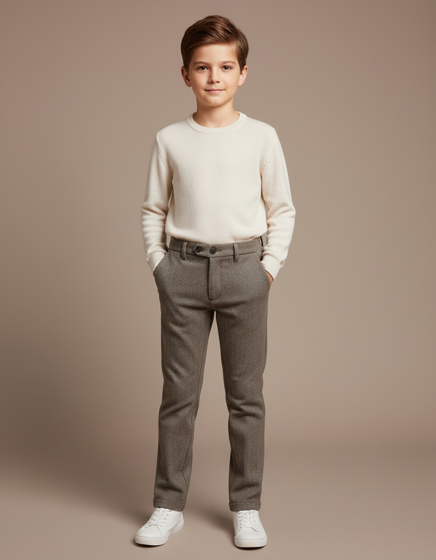 Pantalon Chino Marron Slim Enfant Laine Décontracté - Tweed
