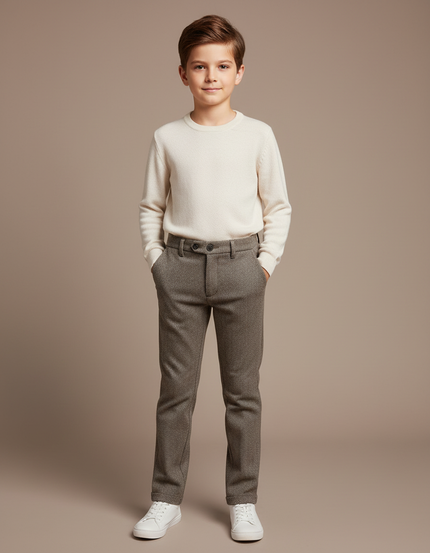 Pantalon Chino Marron Slim Enfant Laine Décontracté - Tweed