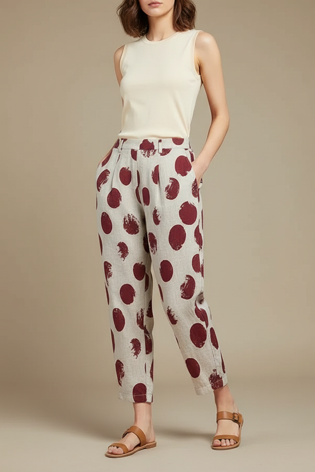 Pantalon Chino Lin Ample Imprimé Pois Rouge Fluide - Bordeaux