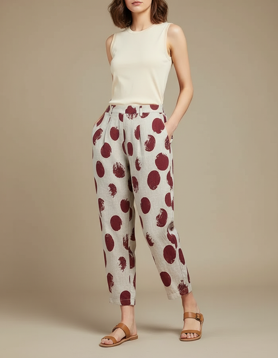 Pantalon Chino Lin Ample Imprimé Pois Rouge Fluide - Bordeaux