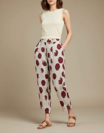 Pantalon Chino Lin Ample Imprimé Pois Rouge Fluide - Bordeaux