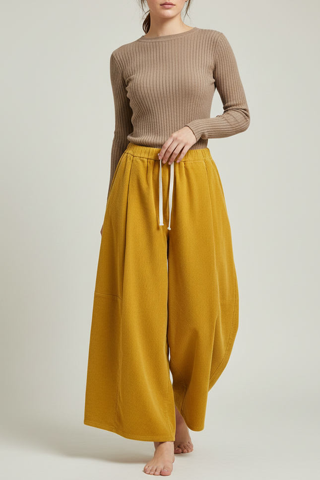 Pantalon Chino Jaune Côtelé Ample Cordon Femme - Cordé
