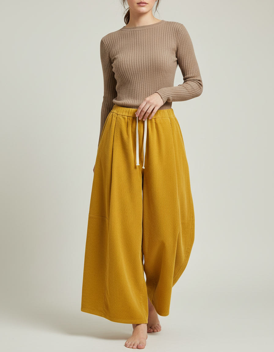 Pantalon Chino Jaune Côtelé Ample Cordon Femme - Cordé