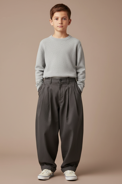 Pantalon Chino Gris Foncé Ample Plissé Coton Enfant