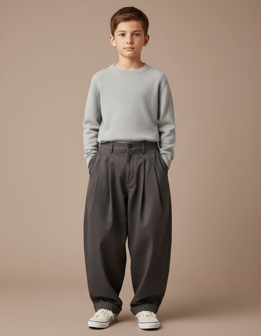Pantalon Chino Gris Foncé Ample Plissé Coton Enfant